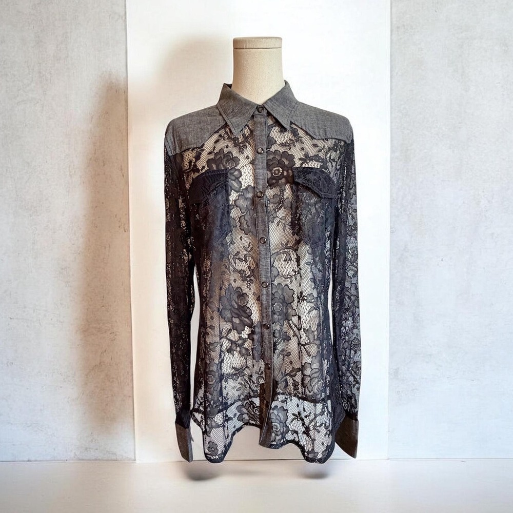 BKE Women Black Floral Lace Sheer Button Down Shirt Grey Denim Trim Large